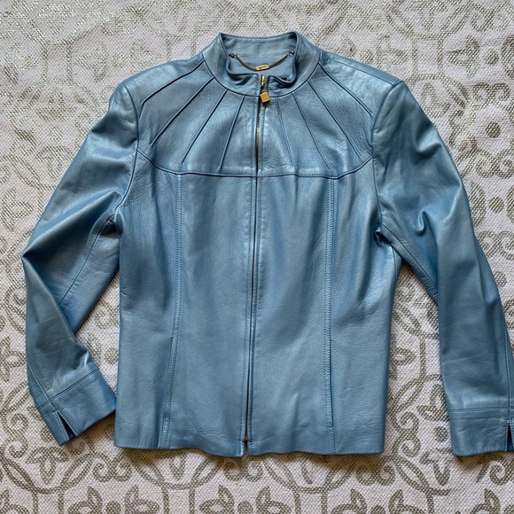 St. John Sport Blue Leather Zip Front Jacket - Picture 2 of 5